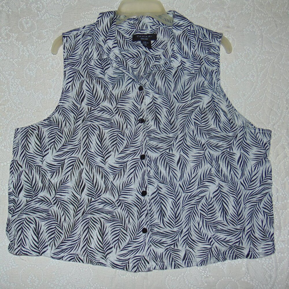 Tahari 100% Linen Blouse Sleeveless Leaf Pattern XL Button Up Women's Beach